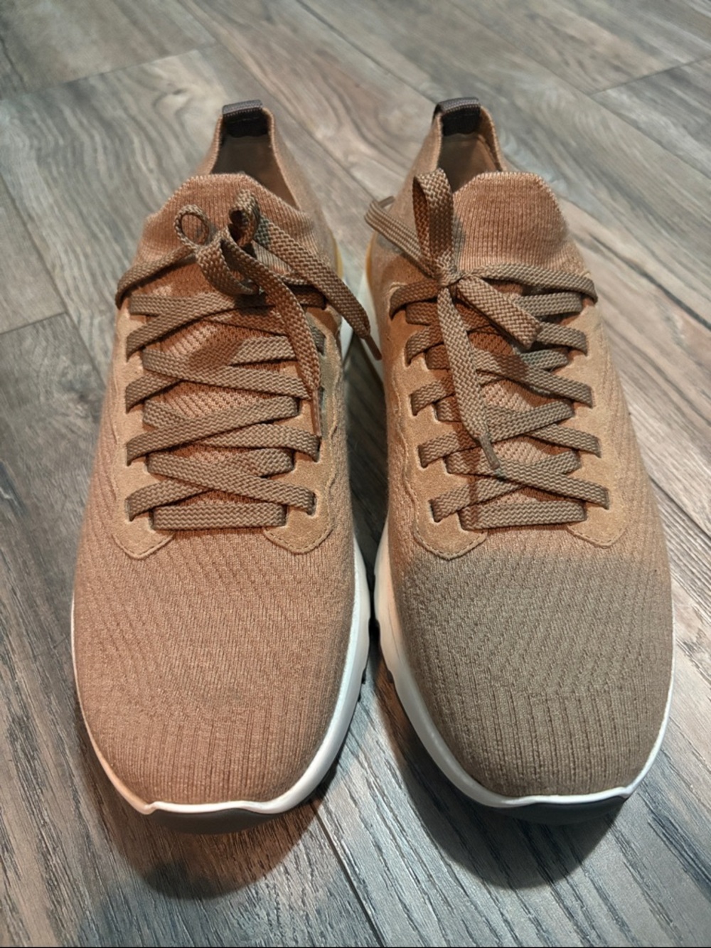 Brunello Cucinelli Men's Knit Lace-Up Sneakers in Tan